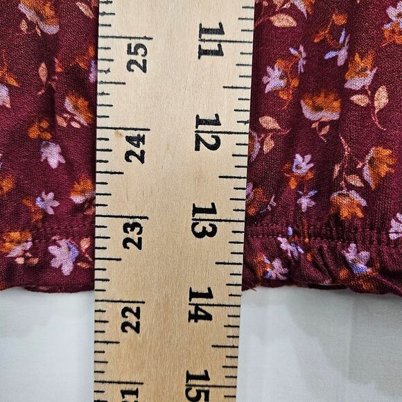 Pinque Cropped Blouse Puff Sleeves Floral Burgundy Size Medium - Picture 7 of 7
